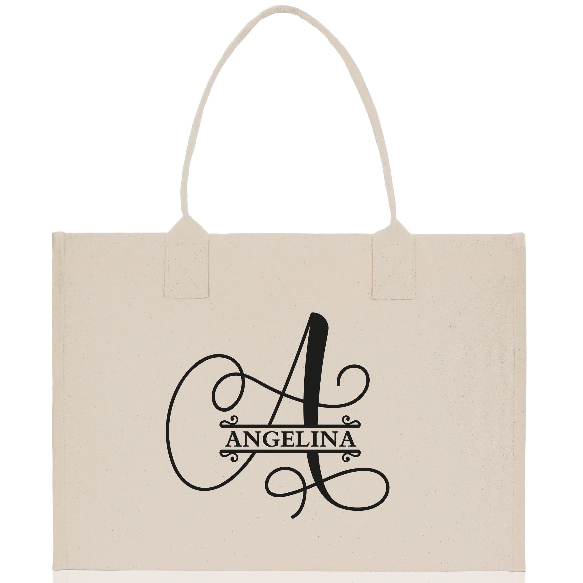 Split Initial and Name Custom Cotton Canvas Tote Bag Personalized Initial Tote Birthday Gift Wedding Gift Jewelry Box Frosted Can Glass Set