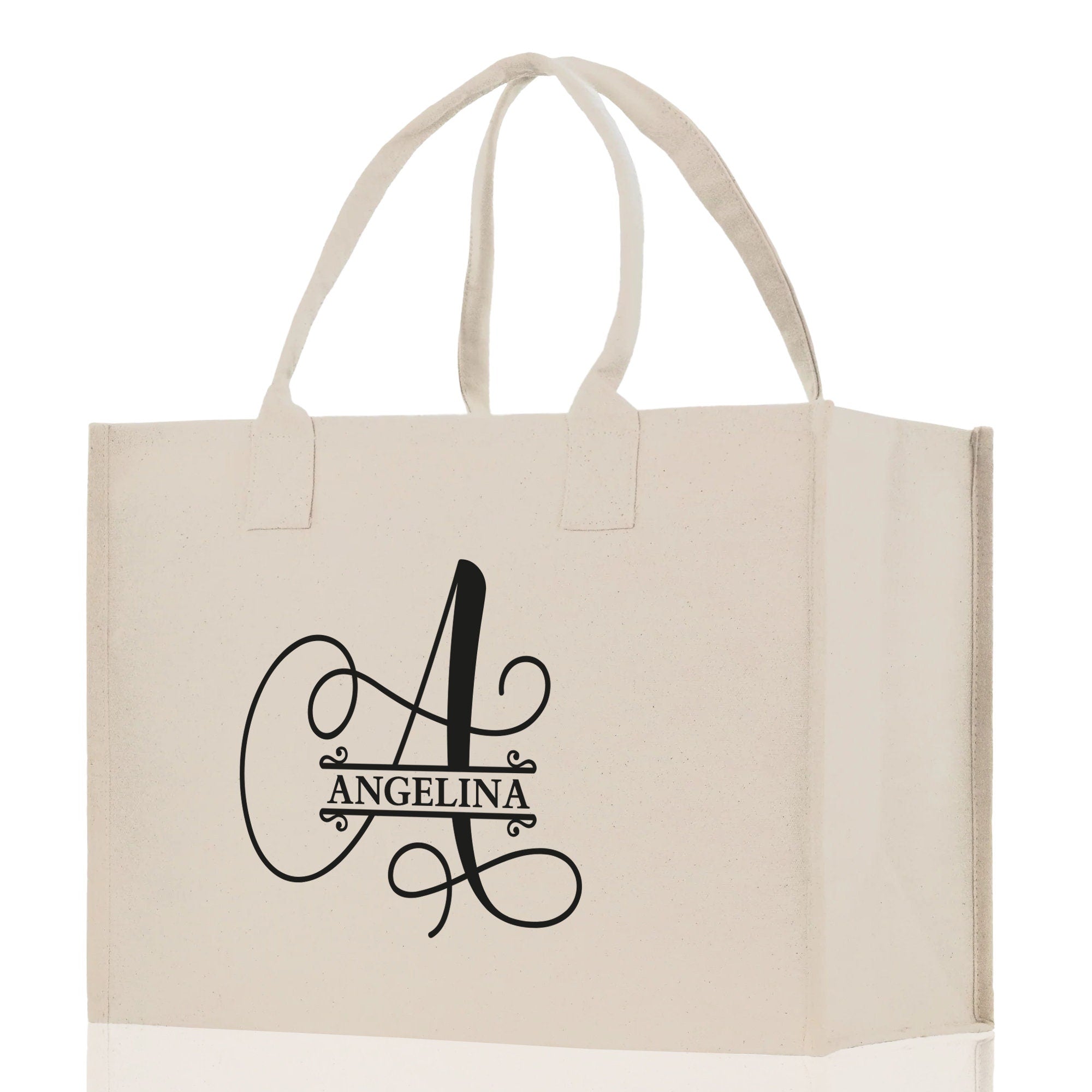 Split Initial and Name Custom Cotton Canvas Tote Bag Personalized Initial Tote Birthday Gift Wedding Gift Jewelry Box Frosted Can Glass Set