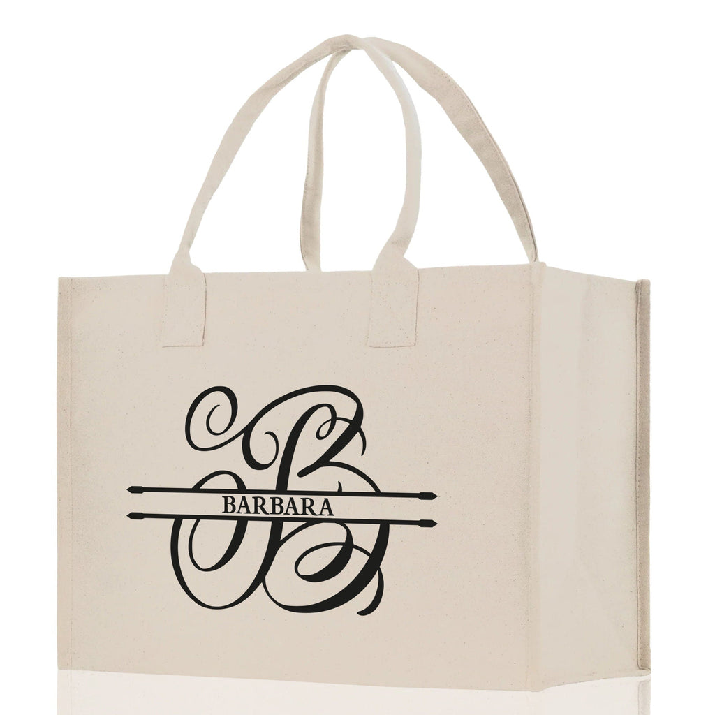 Split Initial and Name Custom Cotton Canvas Tote Bag Personalized Initial Tote Birthday Gift Wedding Gift Jewelry Box Frosted Can Glass Set