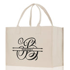 Split Initial and Name Custom Cotton Canvas Tote Bag Personalized Initial Tote Birthday Gift Wedding Gift Jewelry Box Frosted Can Glass Set