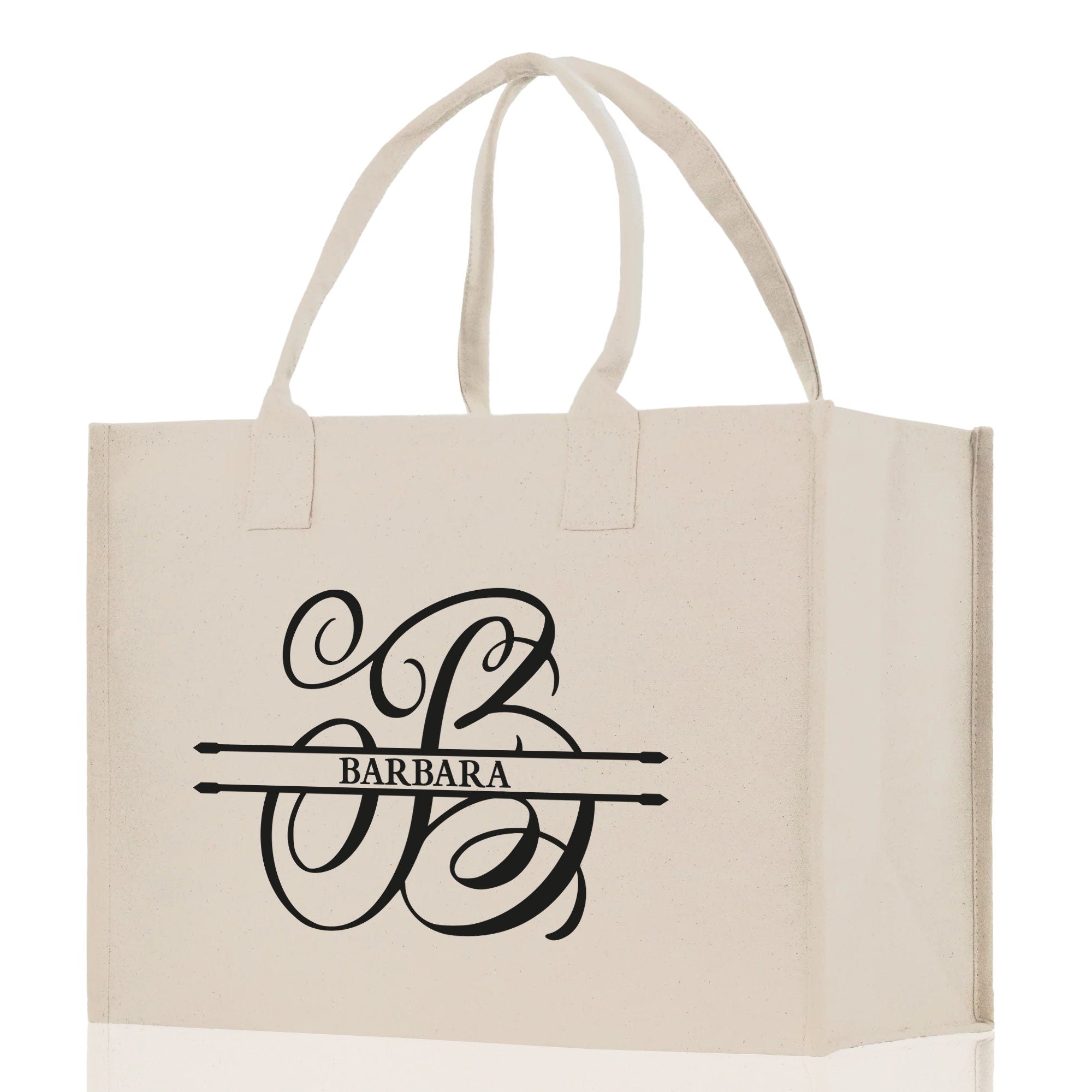 Split Initial and Name Custom Cotton Canvas Tote Bag Personalized Initial Tote Birthday Gift Wedding Gift Jewelry Box Frosted Can Glass Set