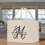 Split Initial and Name Custom Cotton Canvas Tote Bag Personalized Initial Tote Birthday Gift Wedding Gift Jewelry Box Frosted Can Glass Set