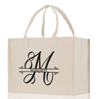 Split Initial and Name Custom Cotton Canvas Tote Bag Personalized Initial Tote Birthday Gift Wedding Gift Jewelry Box Frosted Can Glass Set
