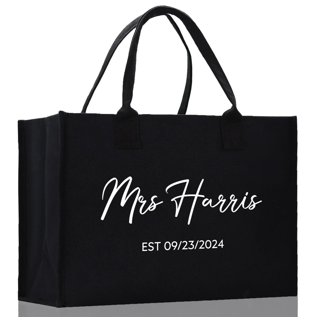 Mrs. Last Name Est Year Tote Bag Personalized Date Wedding Tote Bridal Shower Gift Honeymoon Gift Customized Wedding Gift Bridesmaid Gift