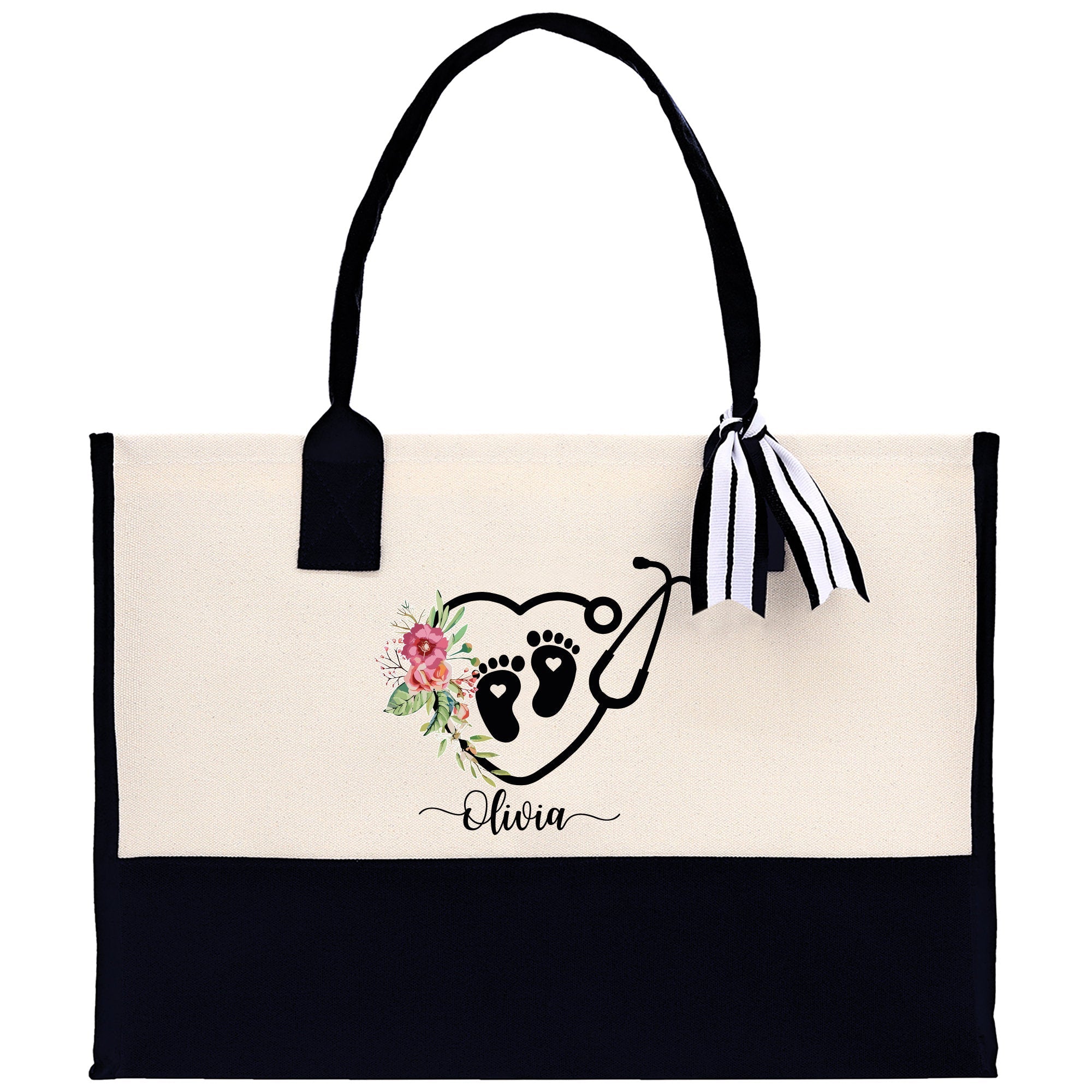 Floral Stethoscope Nurse Tote Custom Name Personalized Cotton Canvas Tote Bag Nurse Gift Future Nurse Gift Nursing Student Graduation Gift