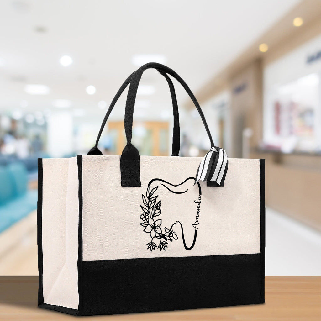 Floral Teeth Nurse Tote Custom Name Personalized Cotton Canvas Tote Bag Nurse Gift Future Nurse Gift Nursing Student Graduation Gift