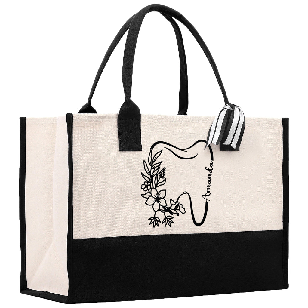 Floral Teeth Nurse Tote Custom Name Personalized Cotton Canvas Tote Bag Nurse Gift Future Nurse Gift Nursing Student Graduation Gift