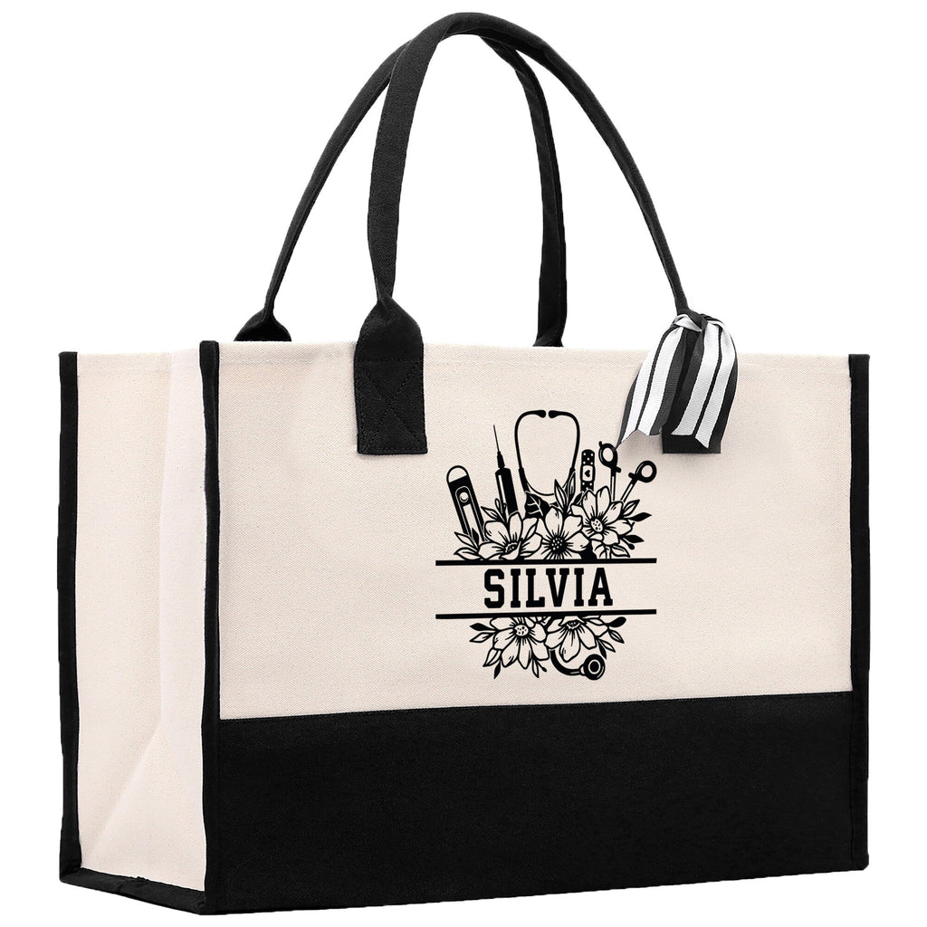 Nurse Stuff Floral Tote Custom Name Personalized Cotton Canvas Tote Bag Nurse Gift Future Nurse Gift Nursing Student Graduation Gift