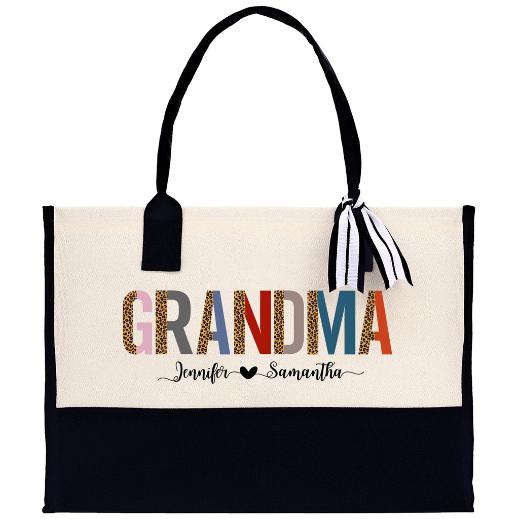 Leopard Colorful Grandma Custom Names Cotton Canvas Tote Bag Grandma Birthday Gift Set Frosted Can Glass with Bag Set From Grandkids Gift