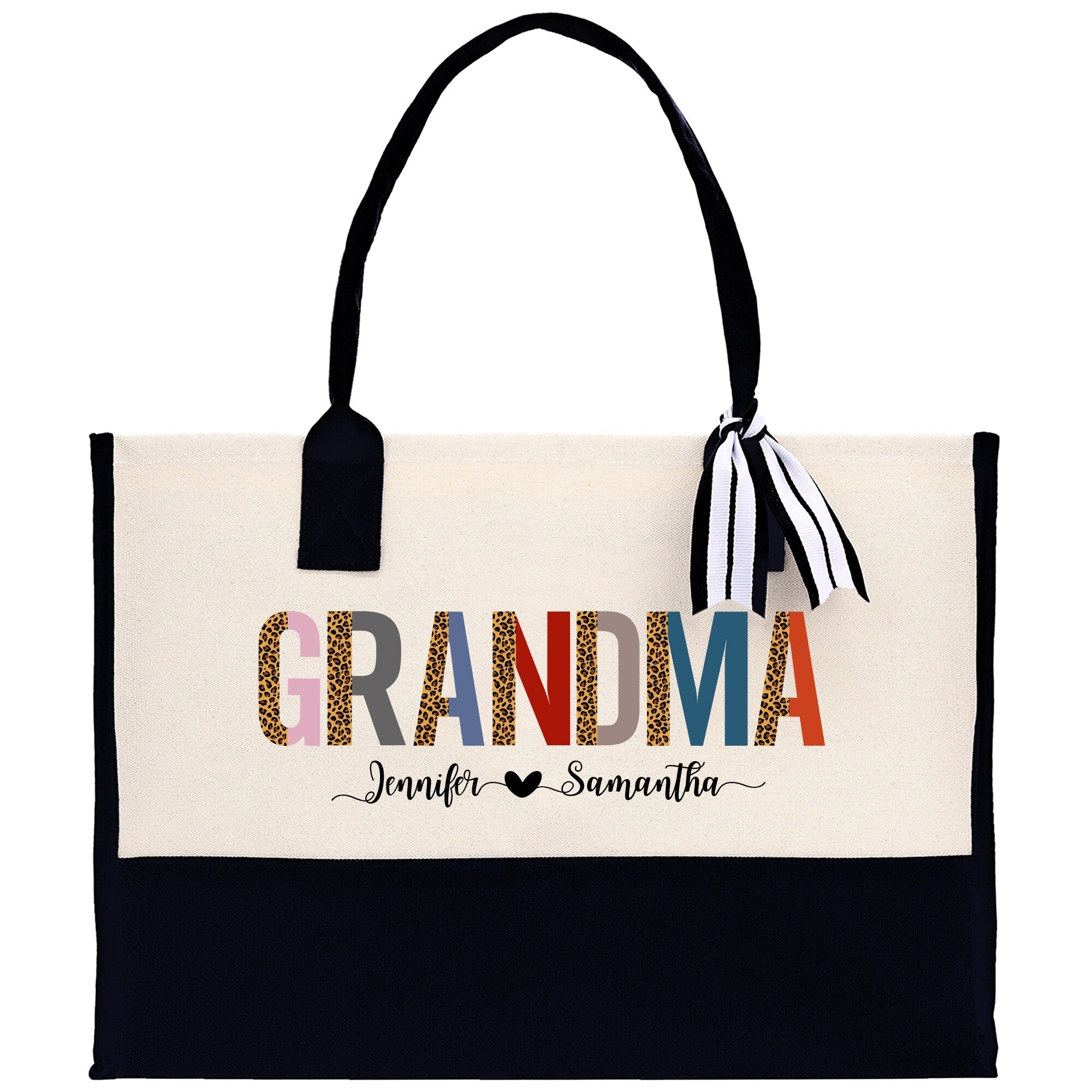Leopard Colorful Grandma Custom Names Cotton Canvas Tote Bag Grandma Birthday Gift Set Frosted Can Glass with Bag Set From Grandkids Gift
