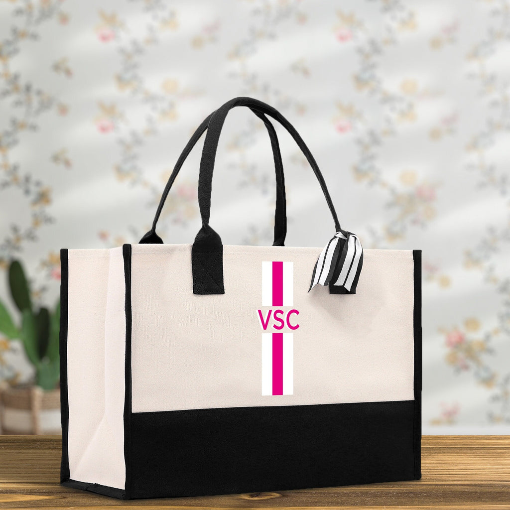 Personalized Monogrammed Canvas Tote Bag Striped Initials Custom Name Beach Bag Bridal Party Gifts Bride Gift Holiday Gift Bag