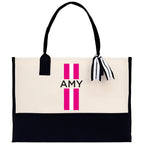 Personalized Monogrammed Canvas Tote Bag Striped Initials Custom Name Beach Bag Bridal Party Gifts Bride Gift Holiday Gift Bag