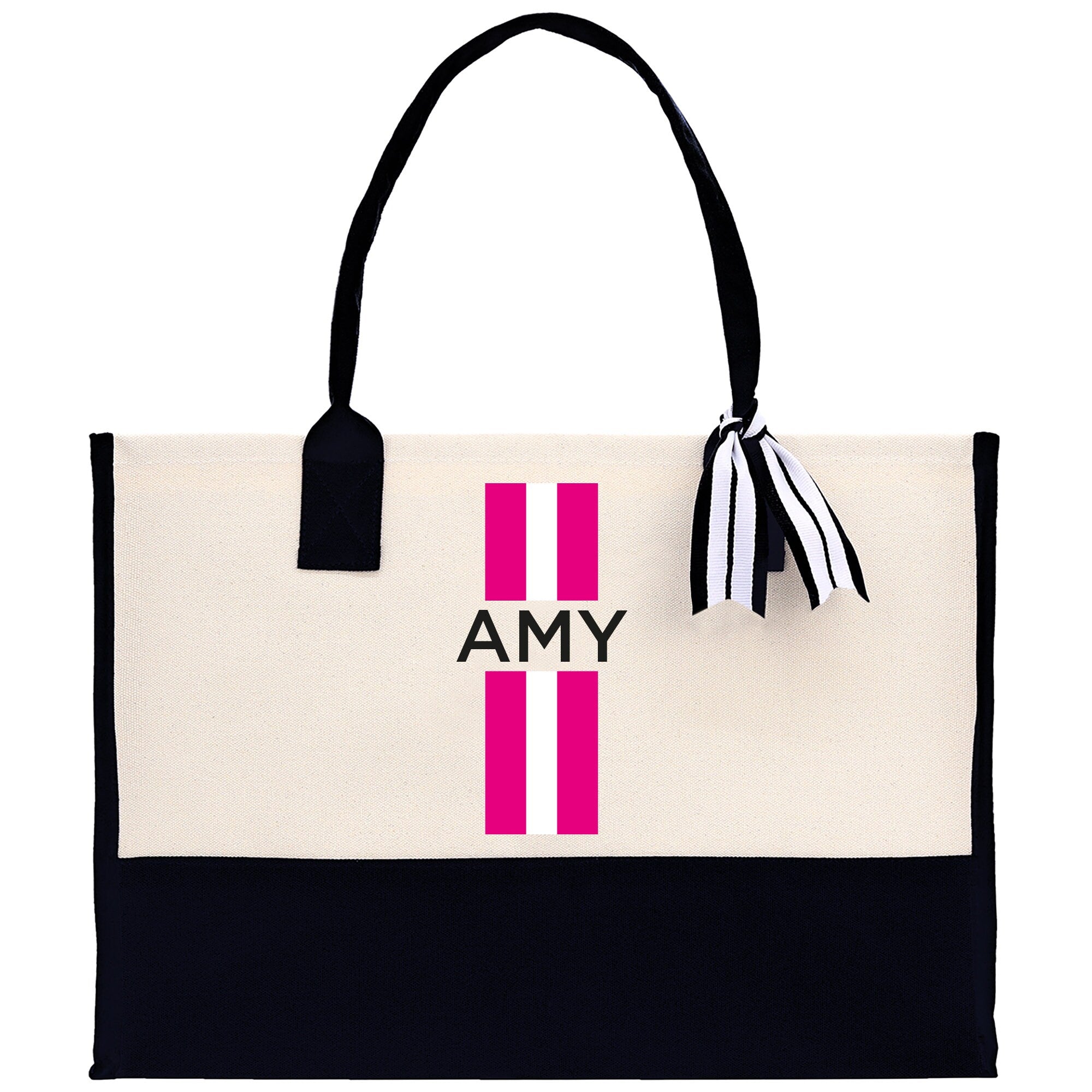 Personalized Monogrammed Canvas Tote Bag Striped Initials Custom Name Beach Bag Bridal Party Gifts Bride Gift Holiday Gift Bag