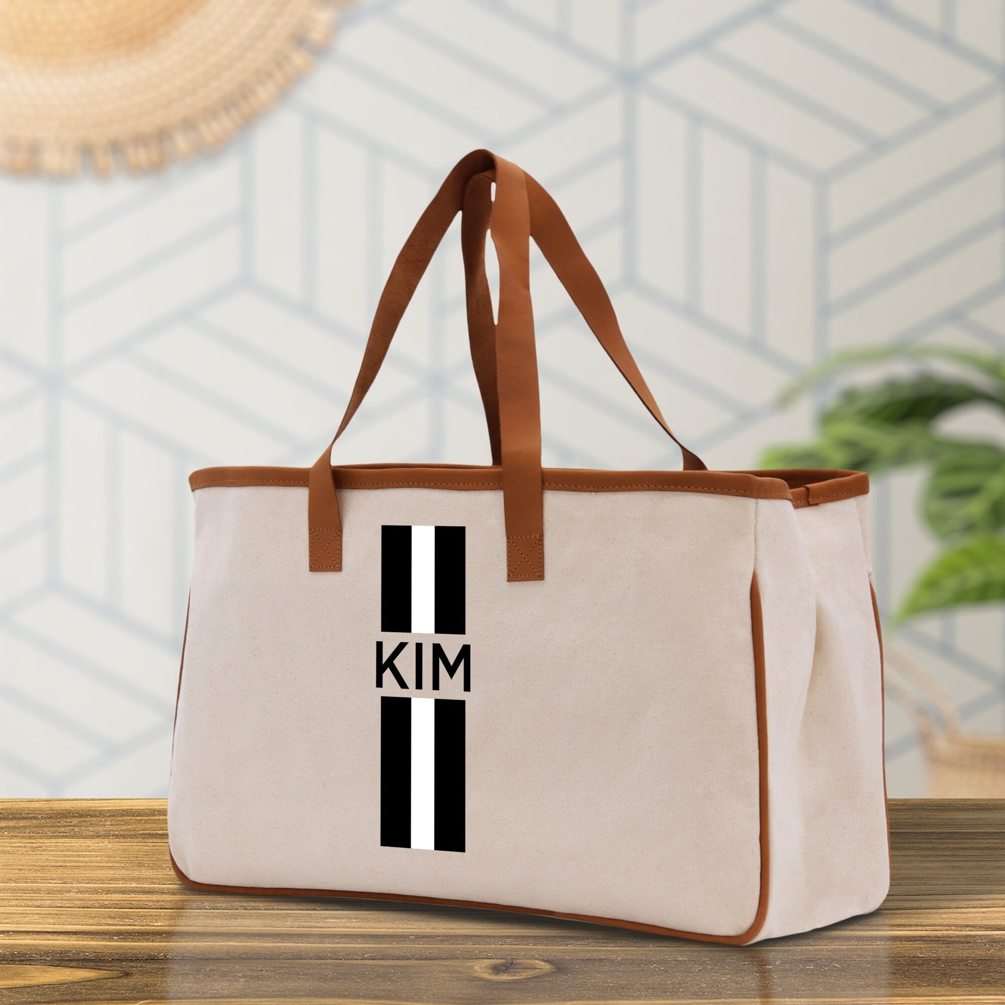 Personalized Monogrammed Canvas Tote Bag Striped Initials Custom Name Beach Bag Bridal Party Gifts Bride Gift Holiday Gift Bag