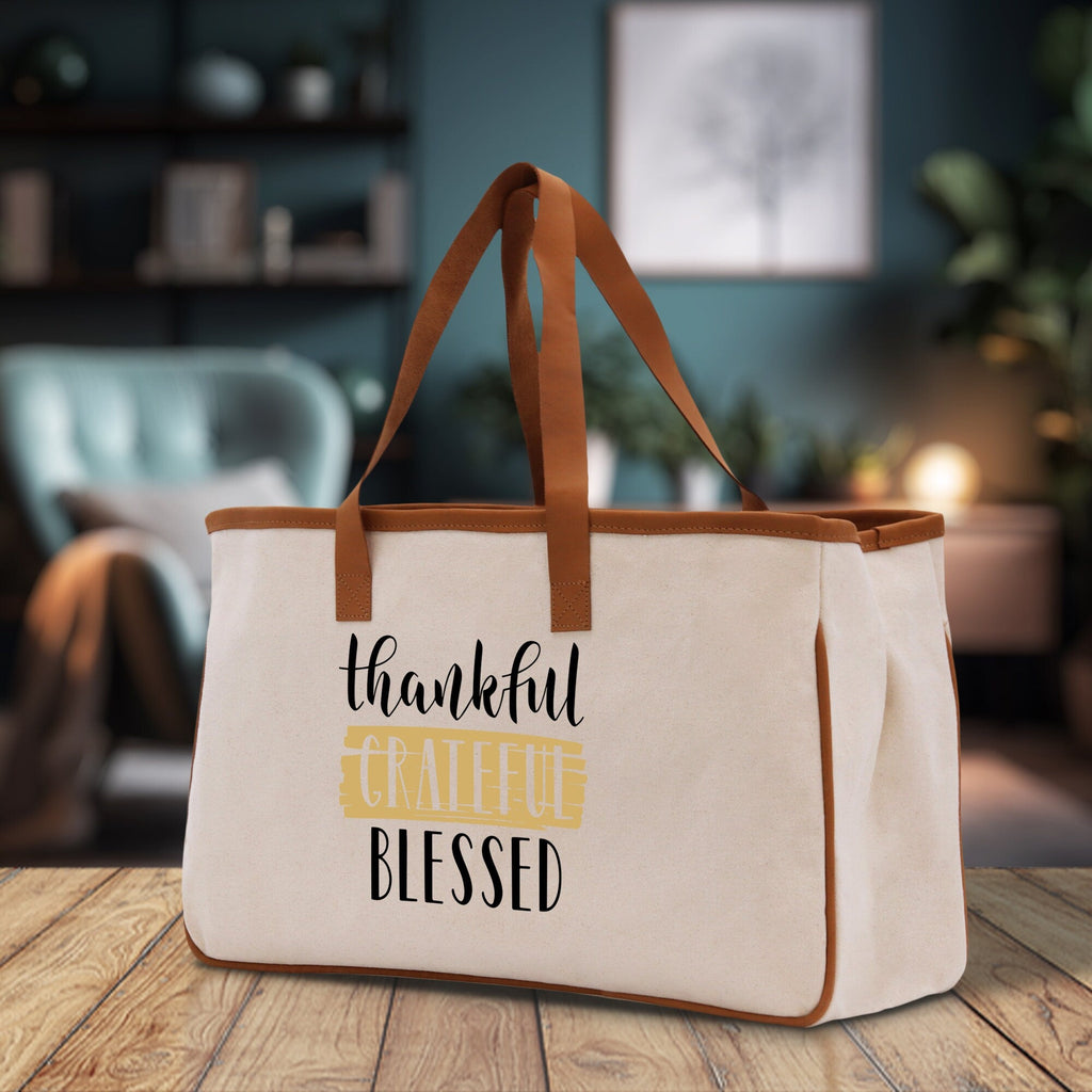 Thankful Grateful Blessed Cotton Canvas Tote Bag Thanksgiving Bag Autumn Fall Vibes Bag Motivational Bag Blessed Bag Fall Market Grocery Bag