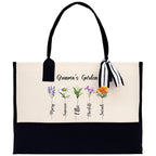 Personalized Kids and Grandkids Name Cotton Canvas Tote Bag Custom Flower Tote Bag Gift for Mom Gift for Grandma Birth Month Grandkids Name