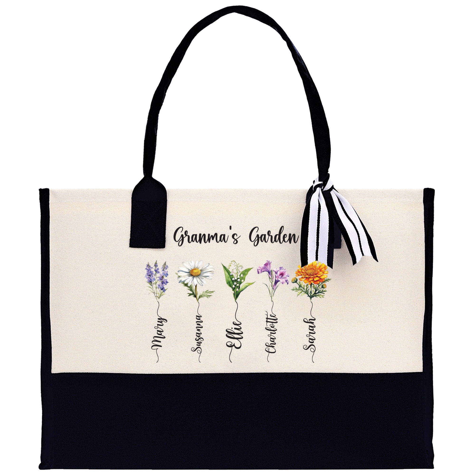 Personalized Kids and Grandkids Name Cotton Canvas Tote Bag Custom Flower Tote Bag Gift for Mom Gift for Grandma Birth Month Grandkids Name