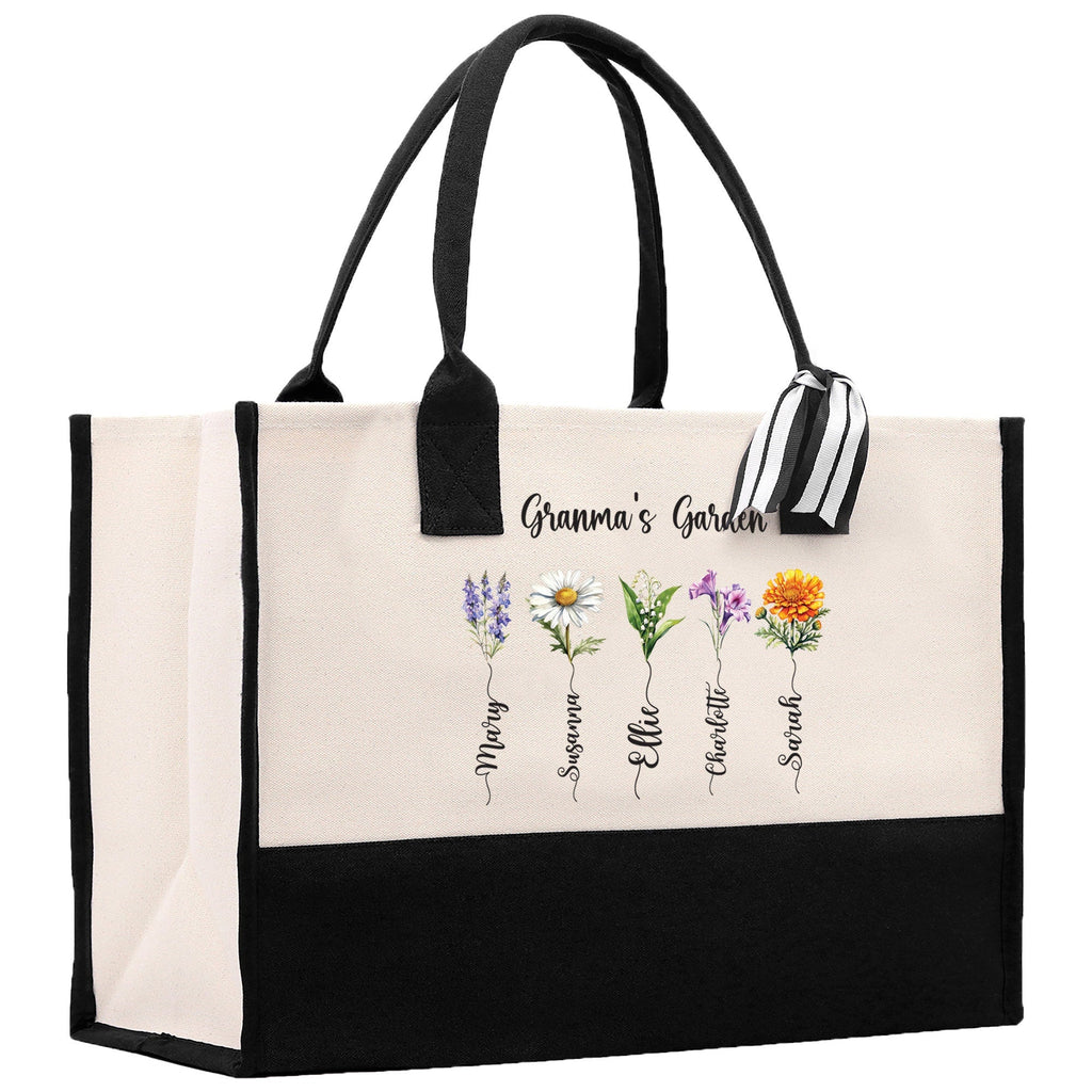 Personalized Kids and Grandkids Name Cotton Canvas Tote Bag Custom Flower Tote Bag Gift for Mom Gift for Grandma Birth Month Grandkids Name