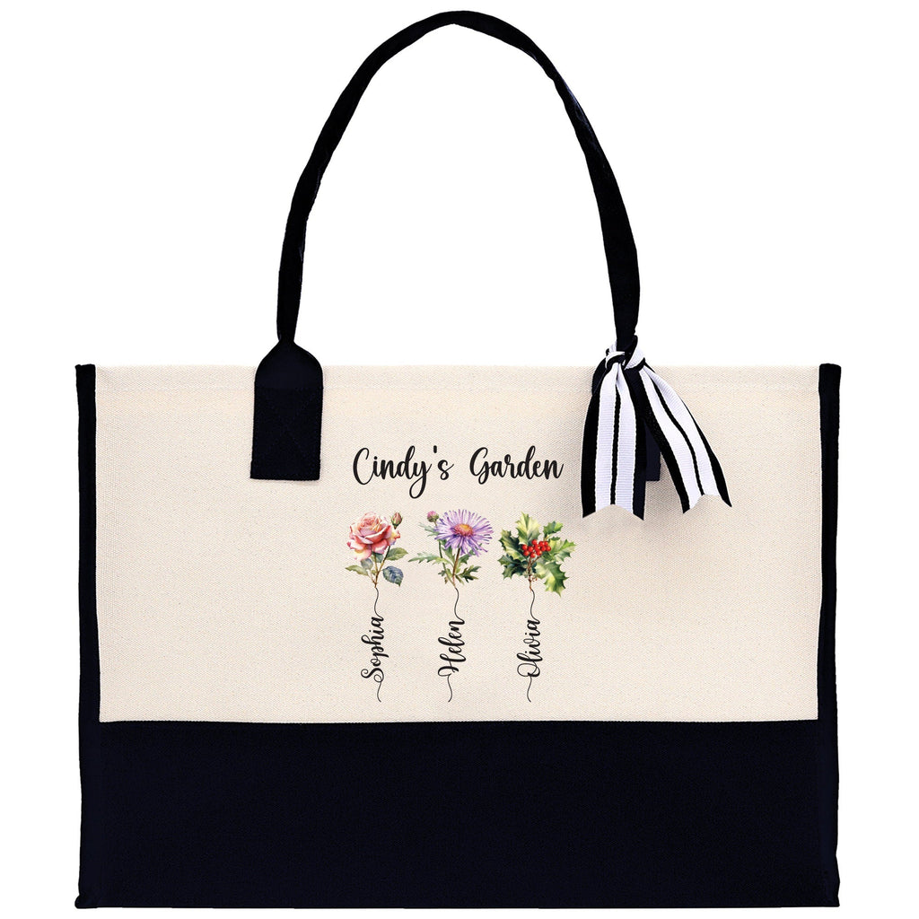Personalized Kids and Grandkids Name Cotton Canvas Tote Bag Custom Flower Tote Bag Gift for Mom Gift for Grandma Birth Month Grandkids Name