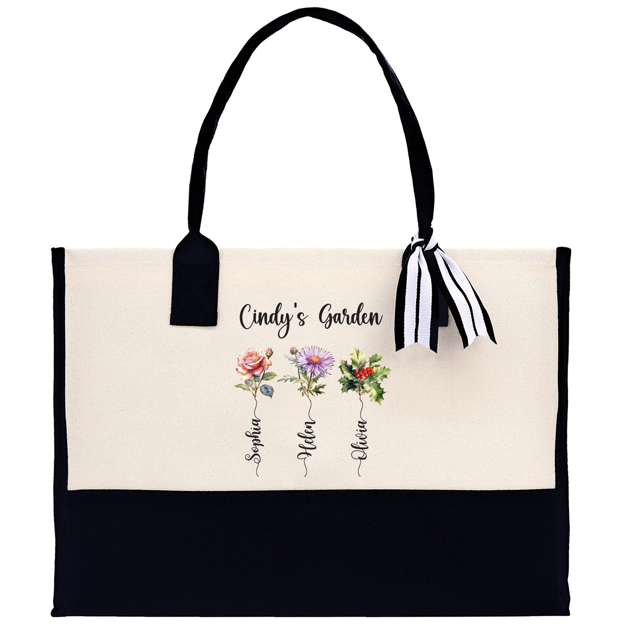 Personalized Kids and Grandkids Name Cotton Canvas Tote Bag Custom Flower Tote Bag Gift for Mom Gift for Grandma Birth Month Grandkids Name