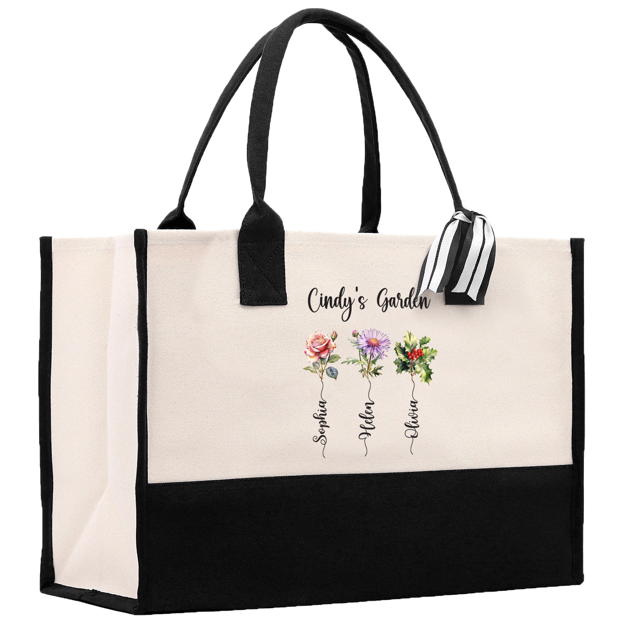 Personalized Kids and Grandkids Name Cotton Canvas Tote Bag Custom Flower Tote Bag Gift for Mom Gift for Grandma Birth Month Grandkids Name