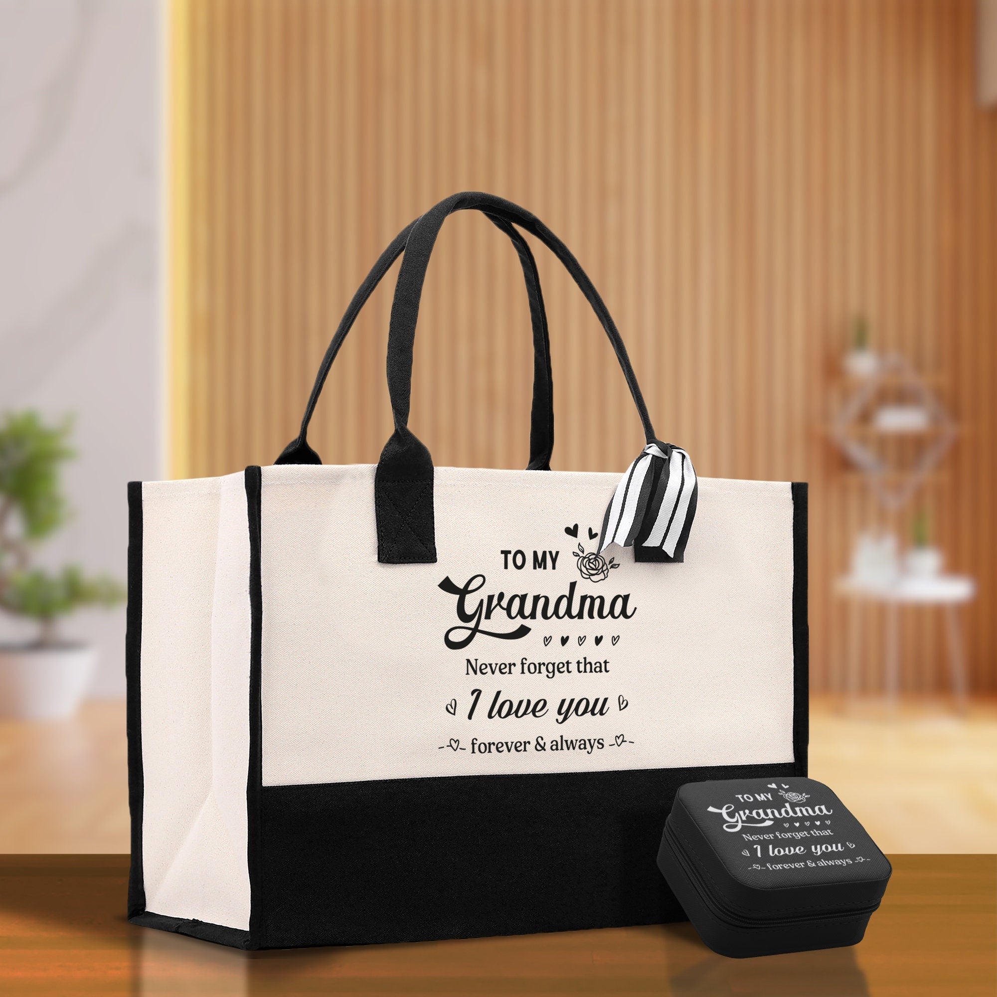 To My Grandma Never Forget That I Love You Forever & Always Cotton Canvas Tote Bag Birthday Gift From Grandkids to Grandma Jewelry Box Gift