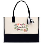 Floral Frame Custom Name Cotton Canvas Tote Bag Personalized Bridesmaid Gift Bag Wedding Birthday Gift Custom Name Tote Maid of Honor Gift