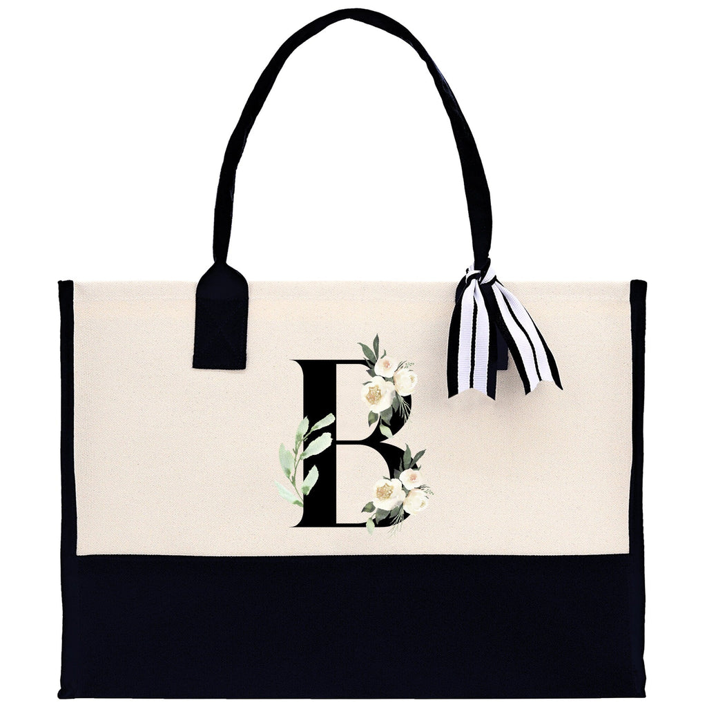 Floral Monogram Cotton Canvas Tote Bag Personalized Bridesmaid Gift Bag Wedding Birthday Gift Custom Name Tote Maid of Honor Wedding Gift