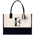 Floral Monogram Cotton Canvas Tote Bag Personalized Bridesmaid Gift Bag Wedding Birthday Gift Custom Name Tote Maid of Honor Wedding Gift