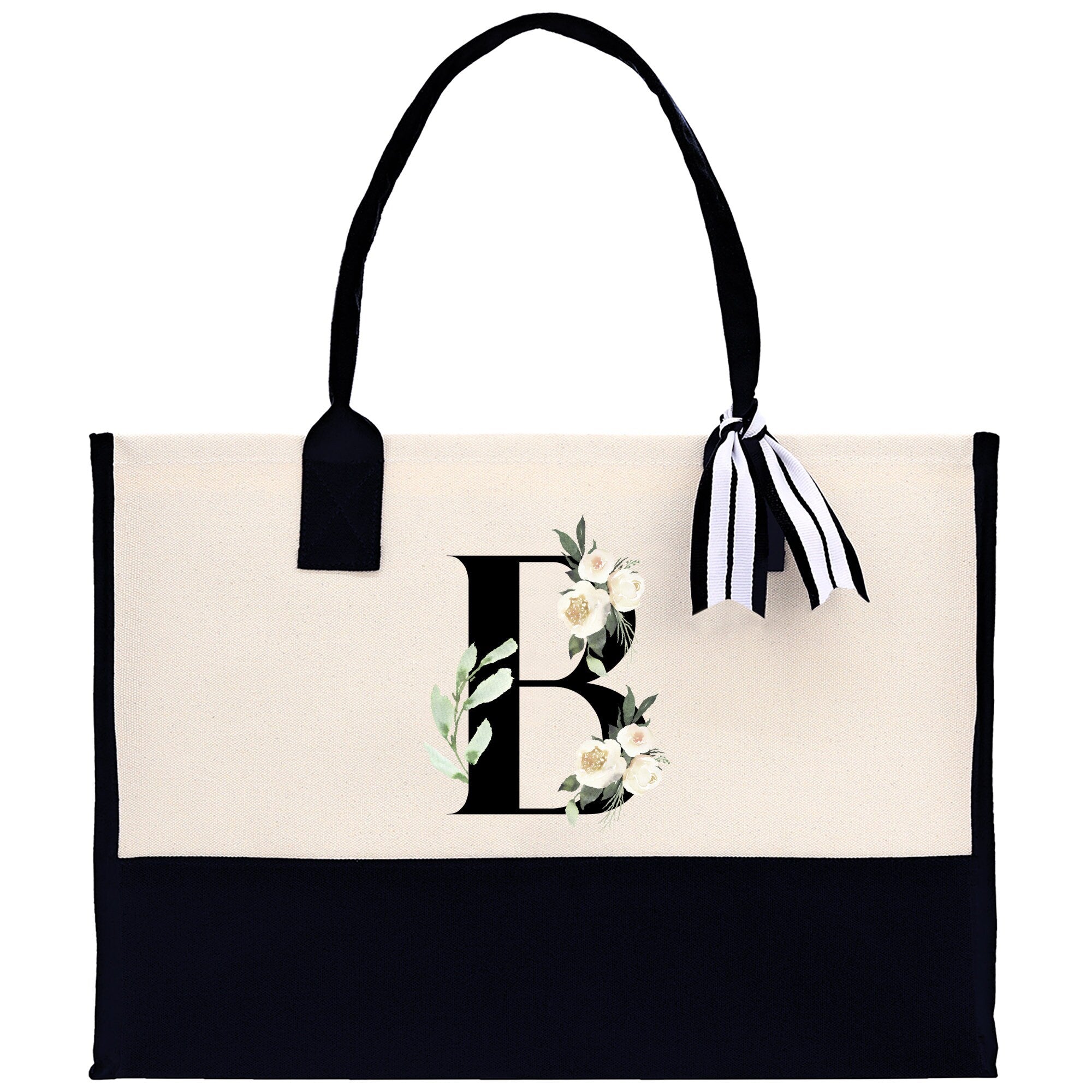 Floral Monogram Cotton Canvas Tote Bag Personalized Bridesmaid Gift Bag Wedding Birthday Gift Custom Name Tote Maid of Honor Wedding Gift