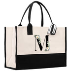 Floral Monogram Cotton Canvas Tote Bag Personalized Bridesmaid Gift Bag Wedding Birthday Gift Custom Name Tote Maid of Honor Wedding Gift