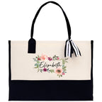 Floral Frame Custom Name Cotton Canvas Tote Bag Personalized Bridesmaid Gift Bag Wedding Birthday Gift Custom Name Tote Maid of Honor Gift