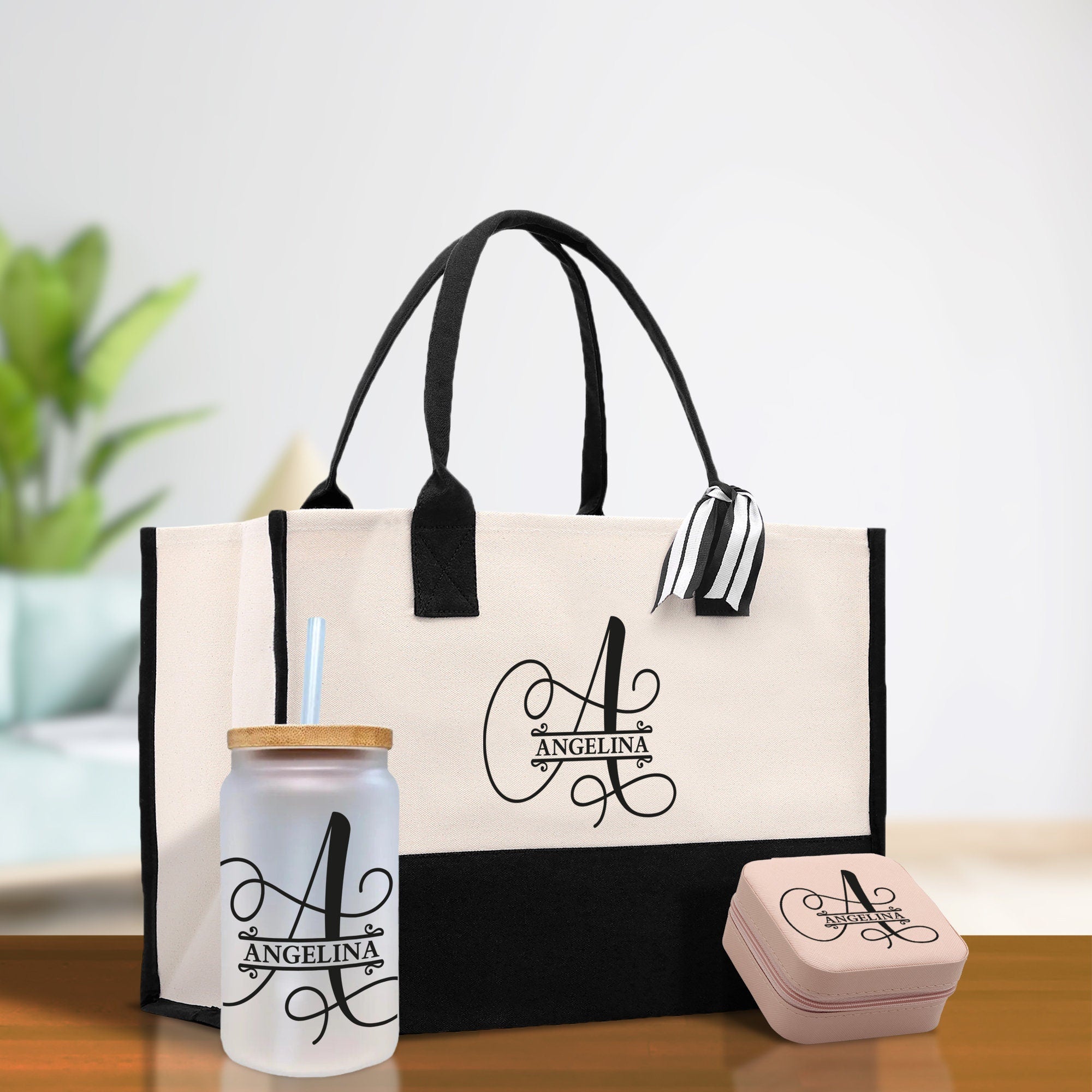 Split Initial and Name Custom Cotton Canvas Tote Bag Personalized Initial Tote Birthday Gift Wedding Gift Jewelry Box Frosted Can Glass Set