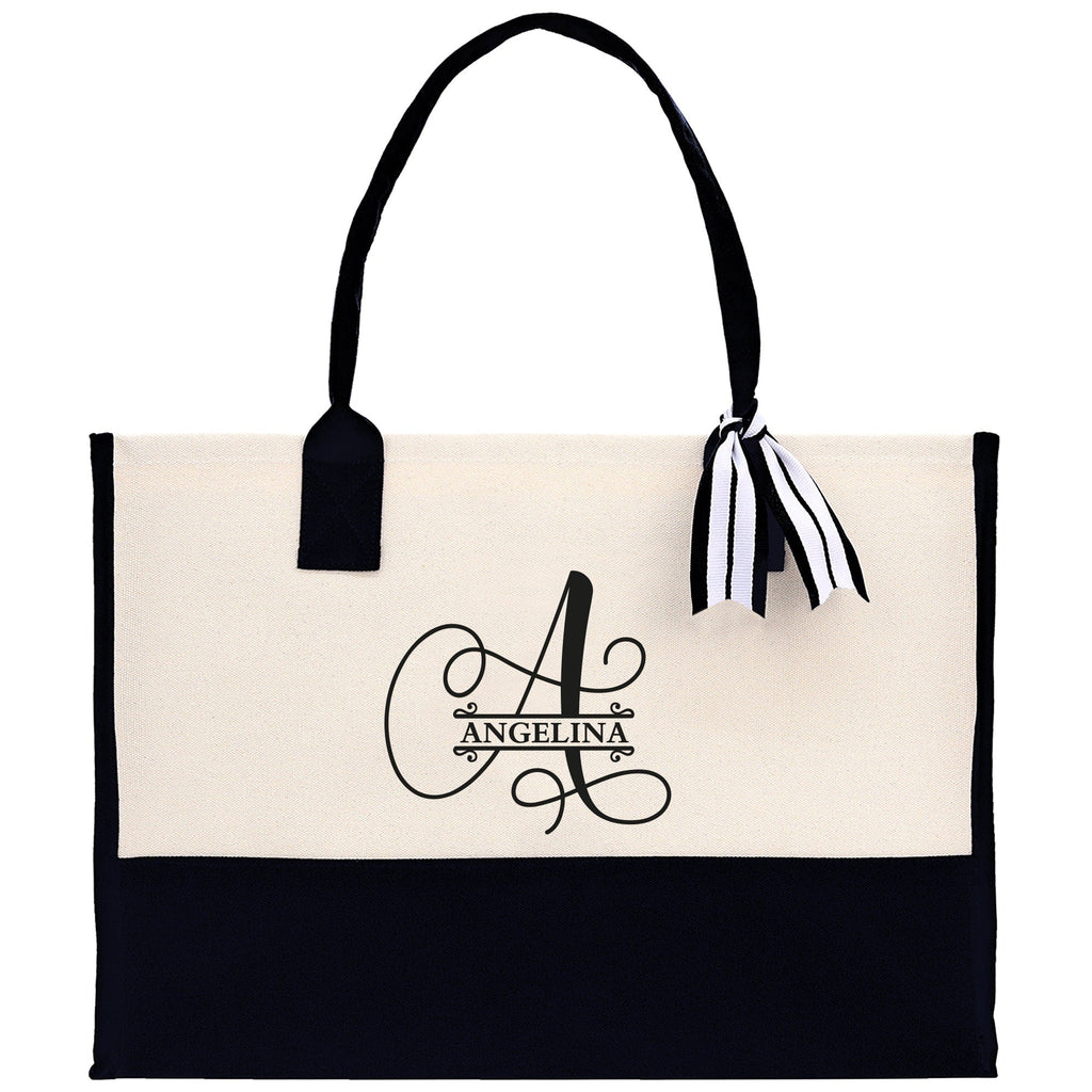 Split Initial and Name Custom Cotton Canvas Tote Bag Personalized Initial Tote Birthday Gift Wedding Gift Jewelry Box Frosted Can Glass Set
