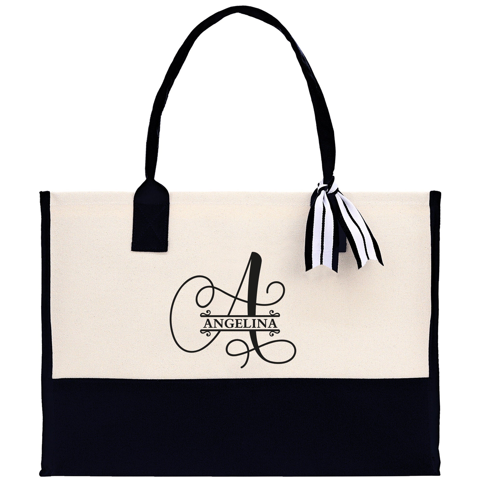 Split Initial and Name Custom Cotton Canvas Tote Bag Personalized Initial Tote Birthday Gift Wedding Gift Jewelry Box Frosted Can Glass Set