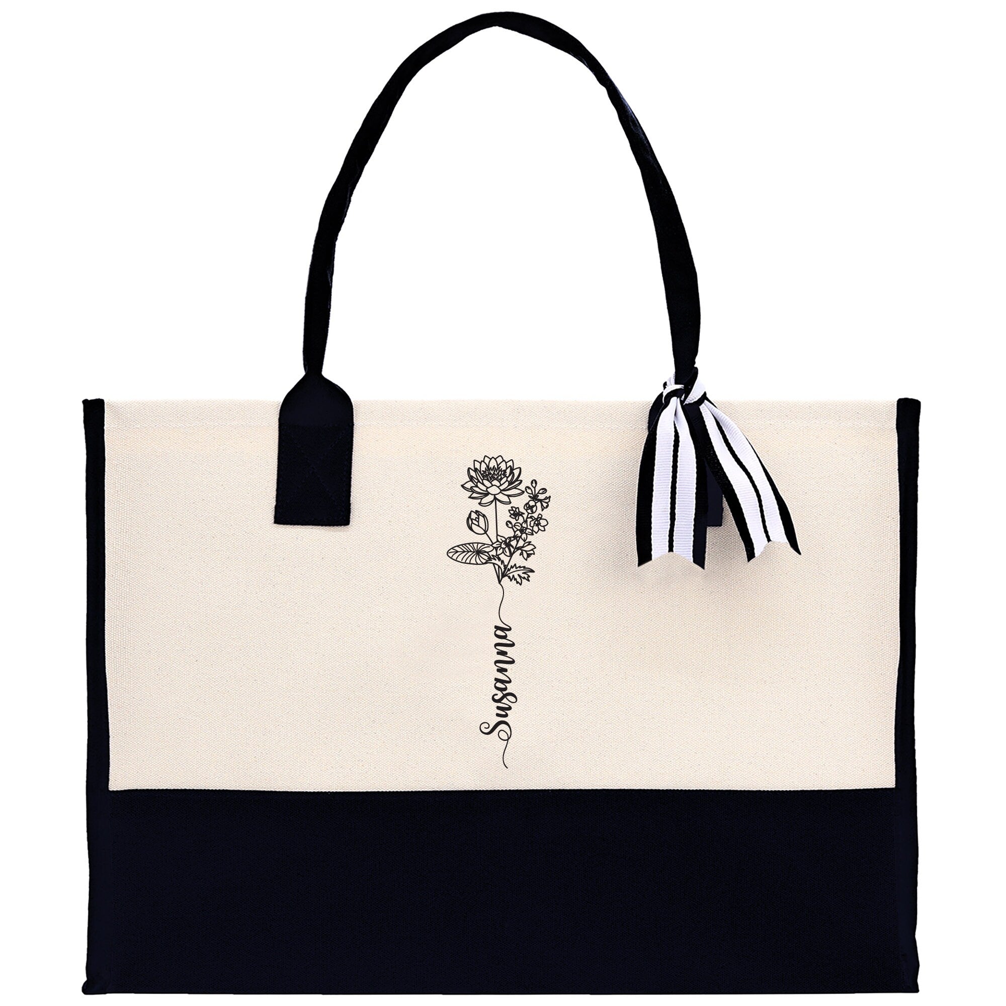 Personalized Kids and Grandkids Name Cotton Canvas Tote Bag Custom Flower Tote Bag Gift for Mom Gift for Grandma Birth Month Grandkids Name