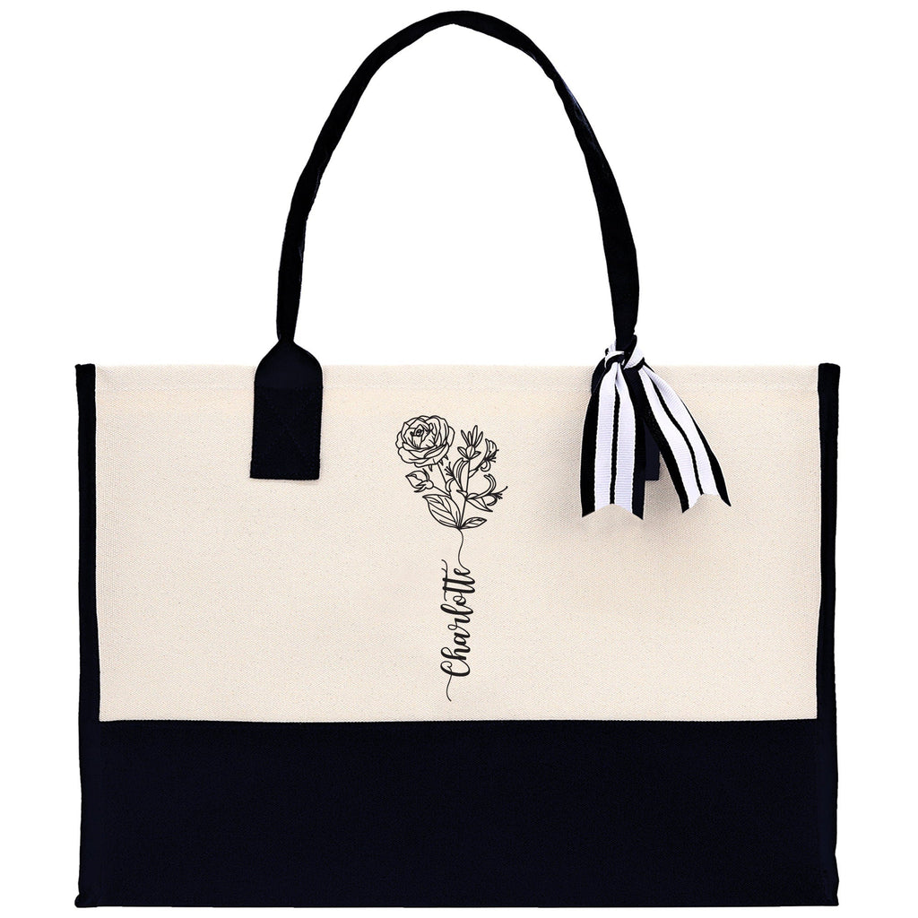 Personalized Kids and Grandkids Name Cotton Canvas Tote Bag Custom Flower Tote Bag Gift for Mom Gift for Grandma Birth Month Grandkids Name