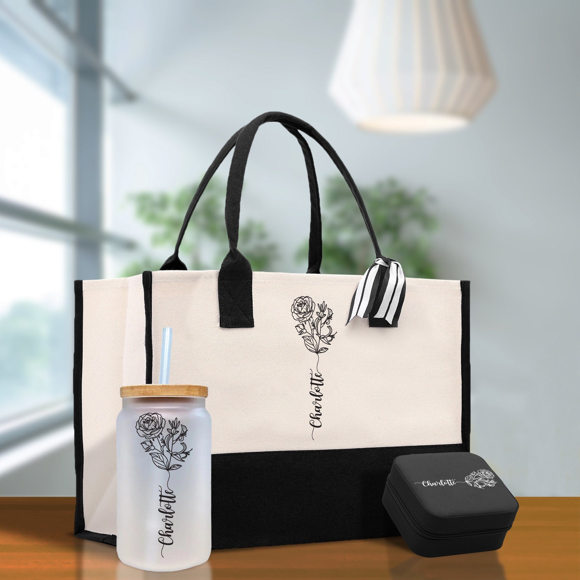 Personalized Kids and Grandkids Name Cotton Canvas Tote Bag Custom Flower Tote Bag Gift for Mom Gift for Grandma Birth Month Grandkids Name
