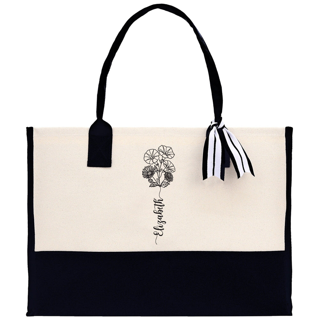 Personalized Kids and Grandkids Name Cotton Canvas Tote Bag Custom Flower Tote Bag Gift for Mom Gift for Grandma Birth Month Grandkids Name