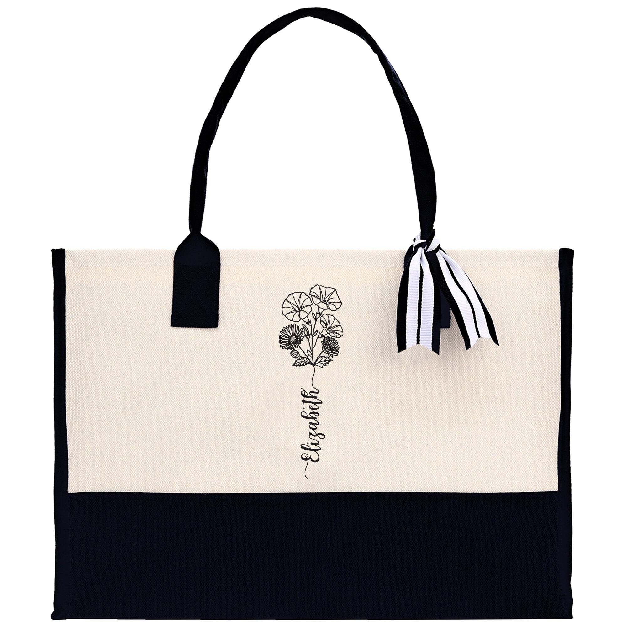 Personalized Kids and Grandkids Name Cotton Canvas Tote Bag Custom Flower Tote Bag Gift for Mom Gift for Grandma Birth Month Grandkids Name
