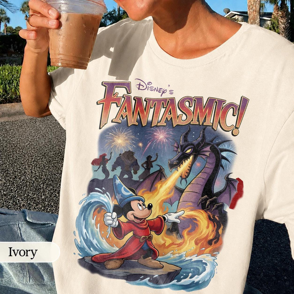 Retro Fantasmic Sorcerer Mickey Fighting Dragon Scene — Gildan Hoodie