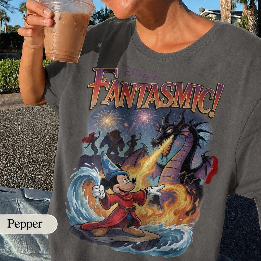 Retro Fantasmic Sorcerer Mickey Fighting Dragon Scene — Gildan Hoodie