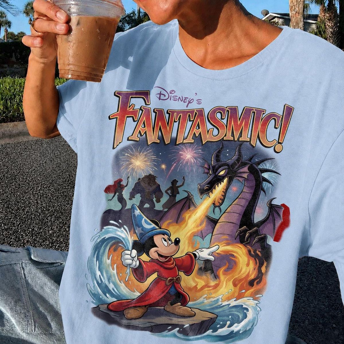 Retro Fantasmic Sorcerer Mickey Fighting Dragon Scene — Gildan Hoodie