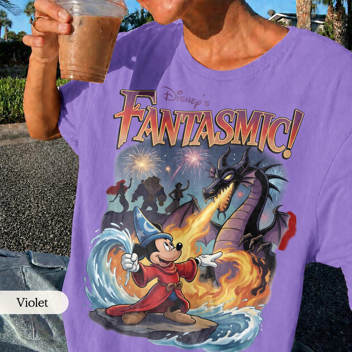 Retro Fantasmic Sorcerer Mickey Fighting Dragon Scene — Gildan Hoodie