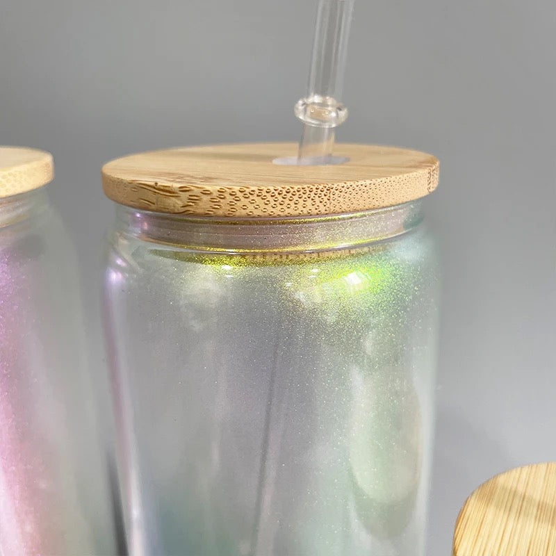 16oz Sublimation blank Holographic iridescent Glitter glass Jar Cans Tumblers (Includes Bamboo Lid & Straw)