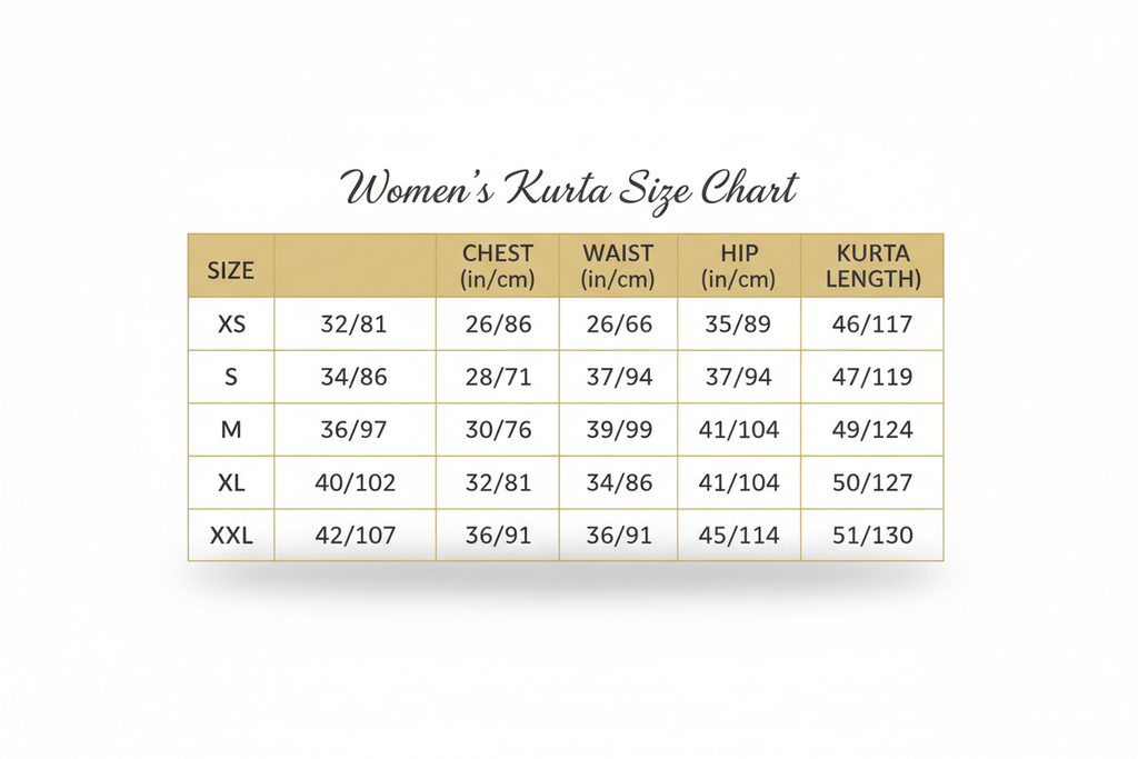 Women's Kurta Size Chart - XS to XXL with Chest, Waist, Hip and Length measurements