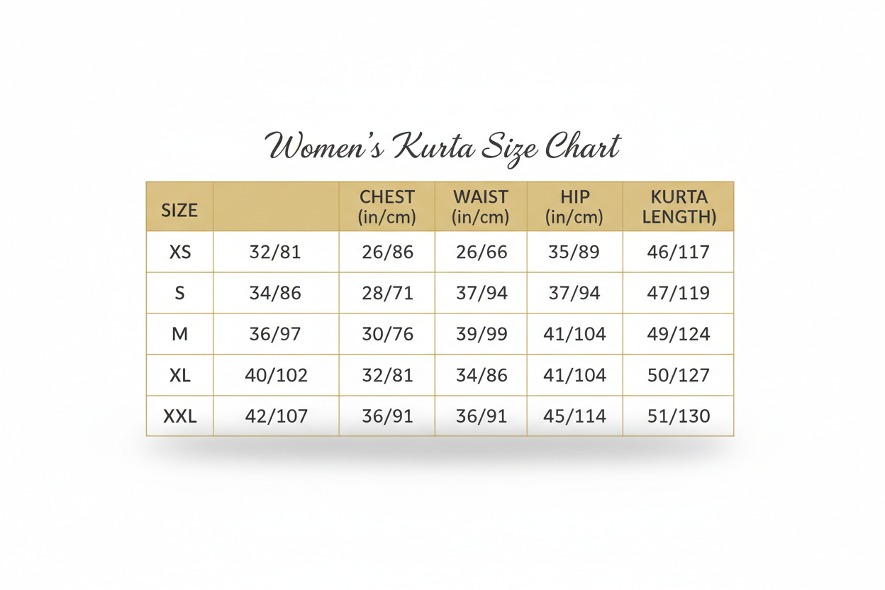 Women's Kurta Size Chart - XS to XXL with Chest, Waist, Hip and Length measurements