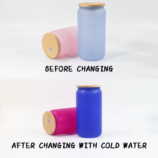 16oz Blank Sublimation color changing glass Jar Cans Tumblers (Includes Bamboo Lid & Straw)