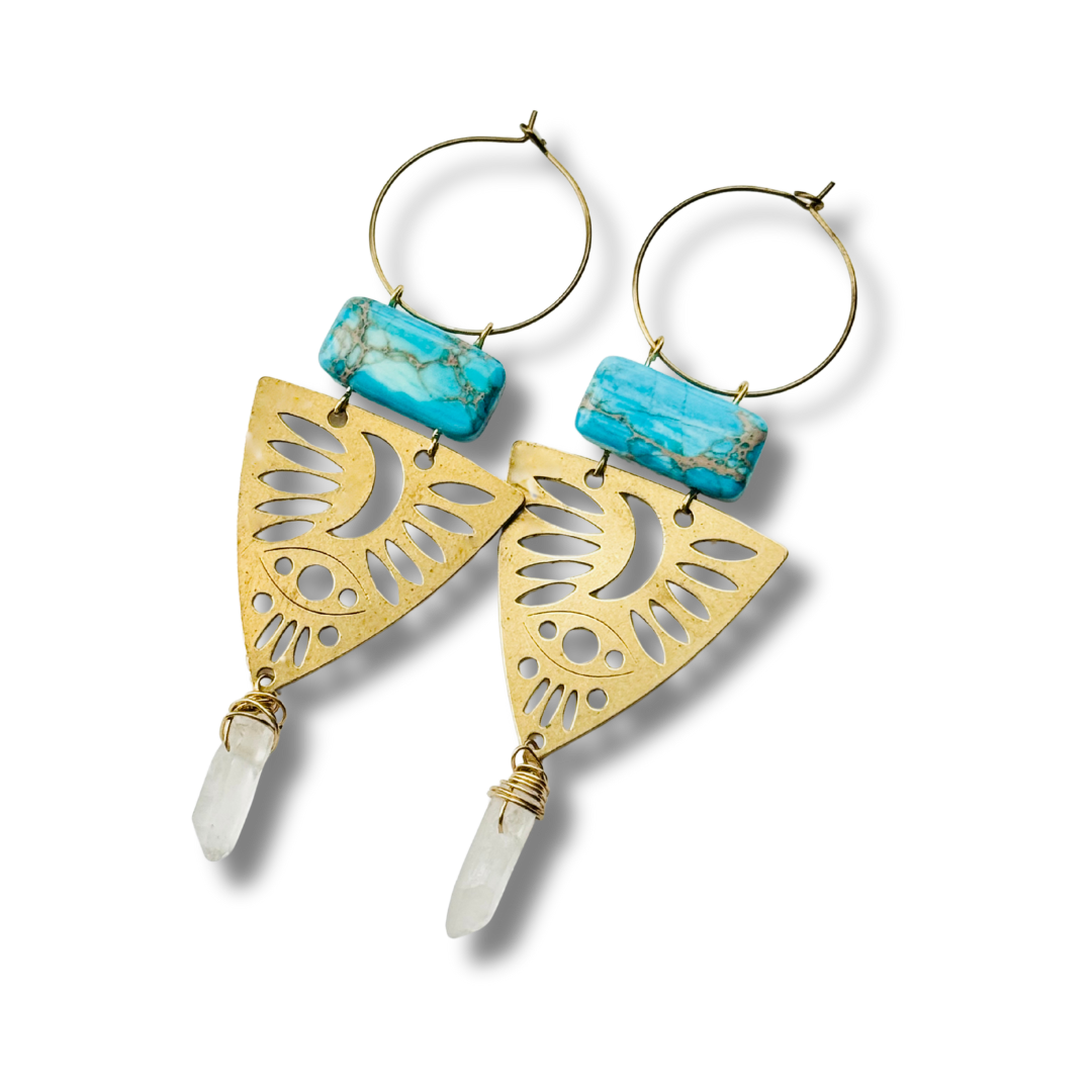 Gold Brass + Stone Statement Unique Earrings