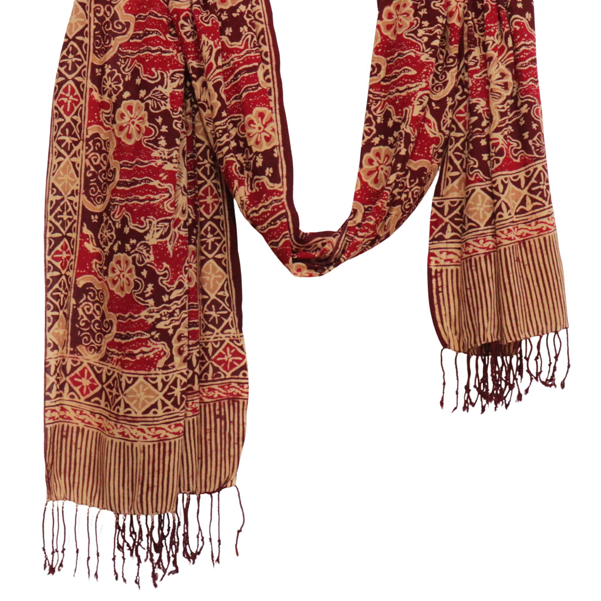 Handmade Batik Scarf, Soft Cotton, Sunlit Garden, Red Burgundy